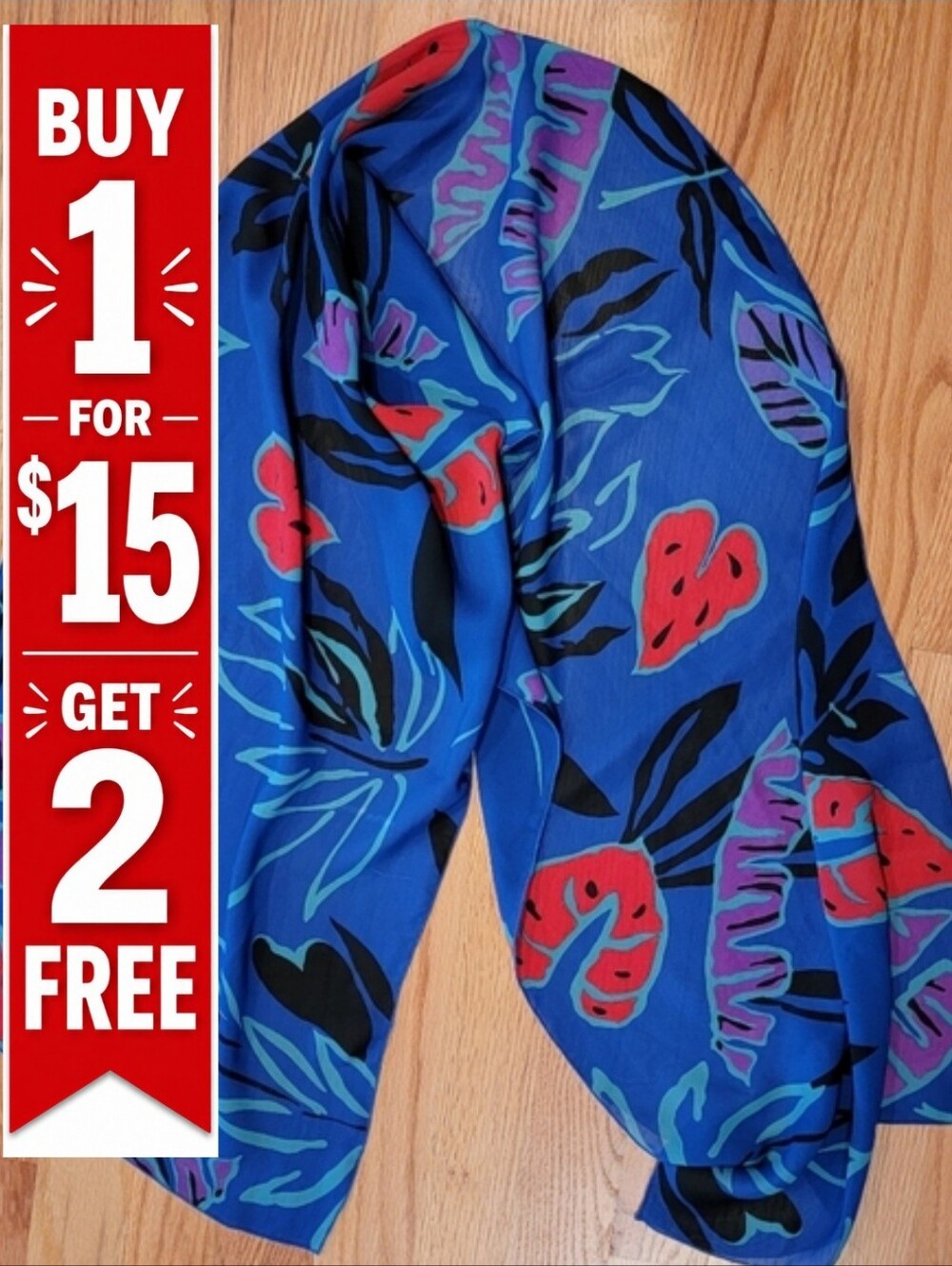 Rectangular Floral Pattern Scarf Blue, Purple,‎ Black & Red